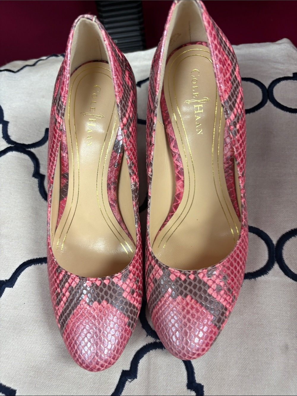 Cole Haan Pink Snake-Print Pointed-Toe Pumps